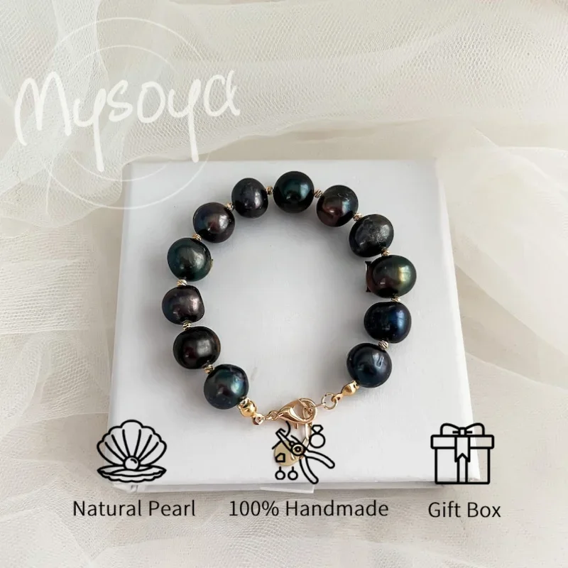 

MYSOYA 8-9mm Natural Black Freshwater Pearl Bracelet For Women And Men With Gift Box Birthday Wedding Anniversary Jewelry Gift