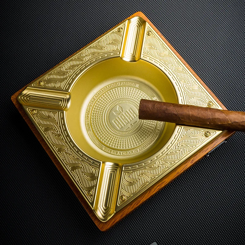 LUBINSKI Delicate Gold Wooden Cigar Ashtray Hold 4 Cigars Decorative Office Living Room Square Ashtrays With Gift Box