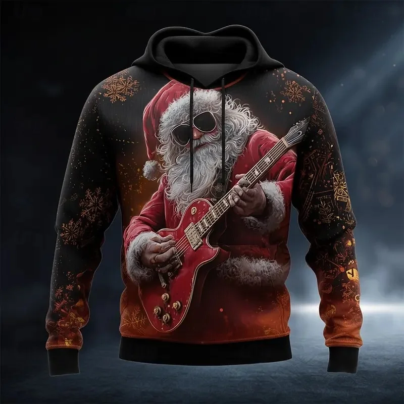 Christmas Men's Santa Claus Guitar Hoodie Fashion Daily Casual Crew Neck Hooded Home Party Gift Drawstring Fall Winter Designer