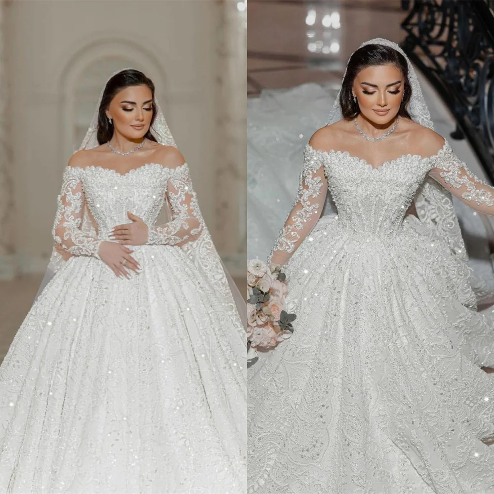 Customized High Quality White Organza Wedding Dress Temperament Strapless Dress Off the Shoulder Long Sleeves Bridal Gowns - Image 3