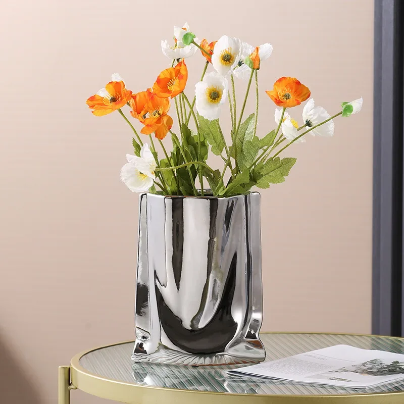 Silver Ruffled Flower Vase Ceramic Vase Porcelain Flower Arrangement Decoration Bag Shape Terrarium