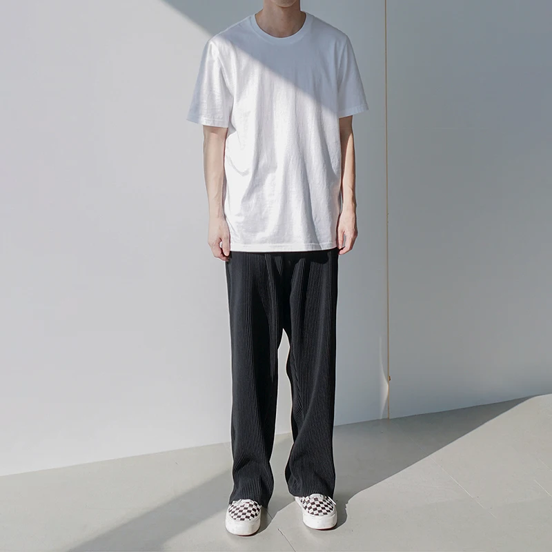 Summer Pleated Pants Men Fashion Gray Black Ice Silk Pants Men Streetwear Korean Loose Straight Pants Mens Trousers Plus Size