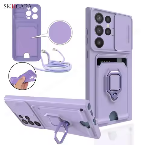 For Samsung S23 Ultra Crossbody Necklace Lanyard Slide Case For Galaxy S22 S23 S24Plus A54 A34 A14 Card Slot Magnetic Ring Cover