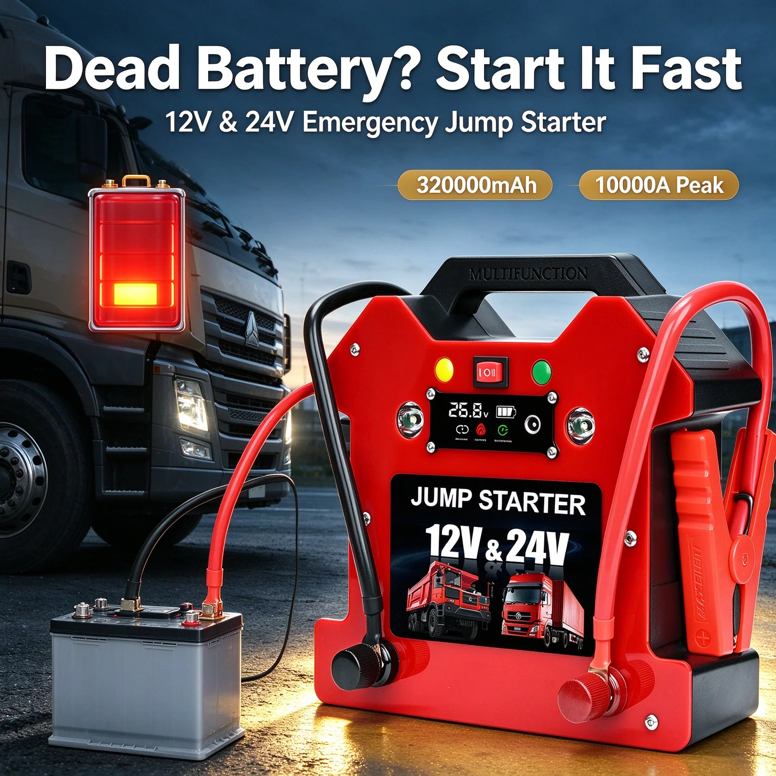 12V/24V Heavy Duty Truck Jump Starter 320000mAh  Medium Large Lorry Emergency Starter Car Battery Booster Power Bank LED Light