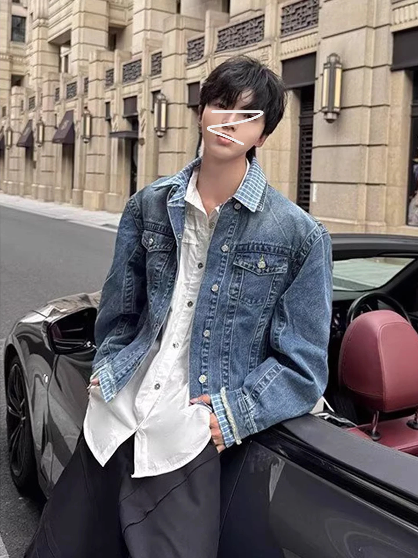 

Ретро-куртка из денима с эффектом двухслойности, свободного кроя, с американским воротником, для мужчин, весна-осень