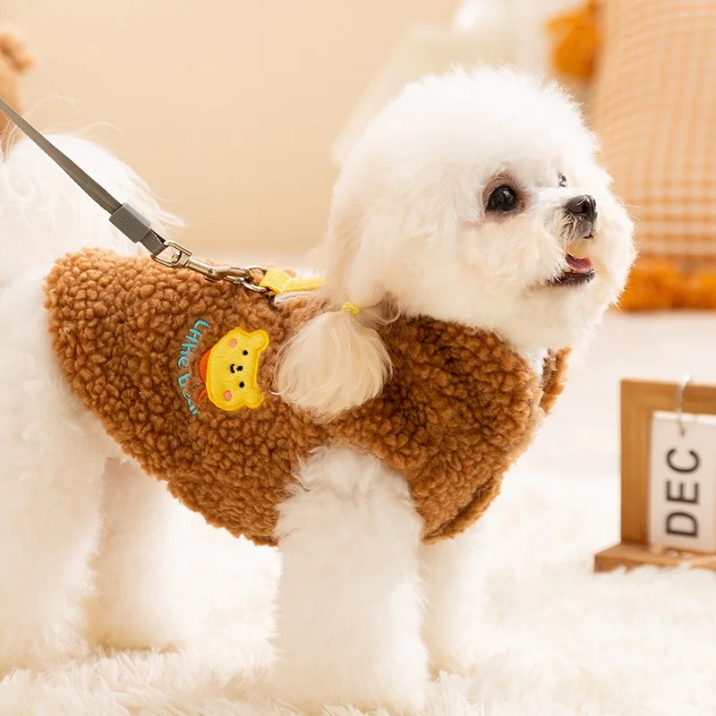 

Pet Open Button Vest Winter Puppy Warm Clothes Cute Bear Embroidered Jacket Teddy Cartoon Two Legs Clothes with Traction Buckle