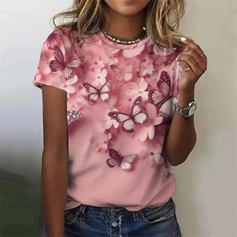 المرأة تي شيرت جولة الرقبة قصيرة الأكمام المحملة رومانسية الرجعية 3D طباعة فراشة الرسم الصيف مضحك عارضة الحشرات شخصية قميص
