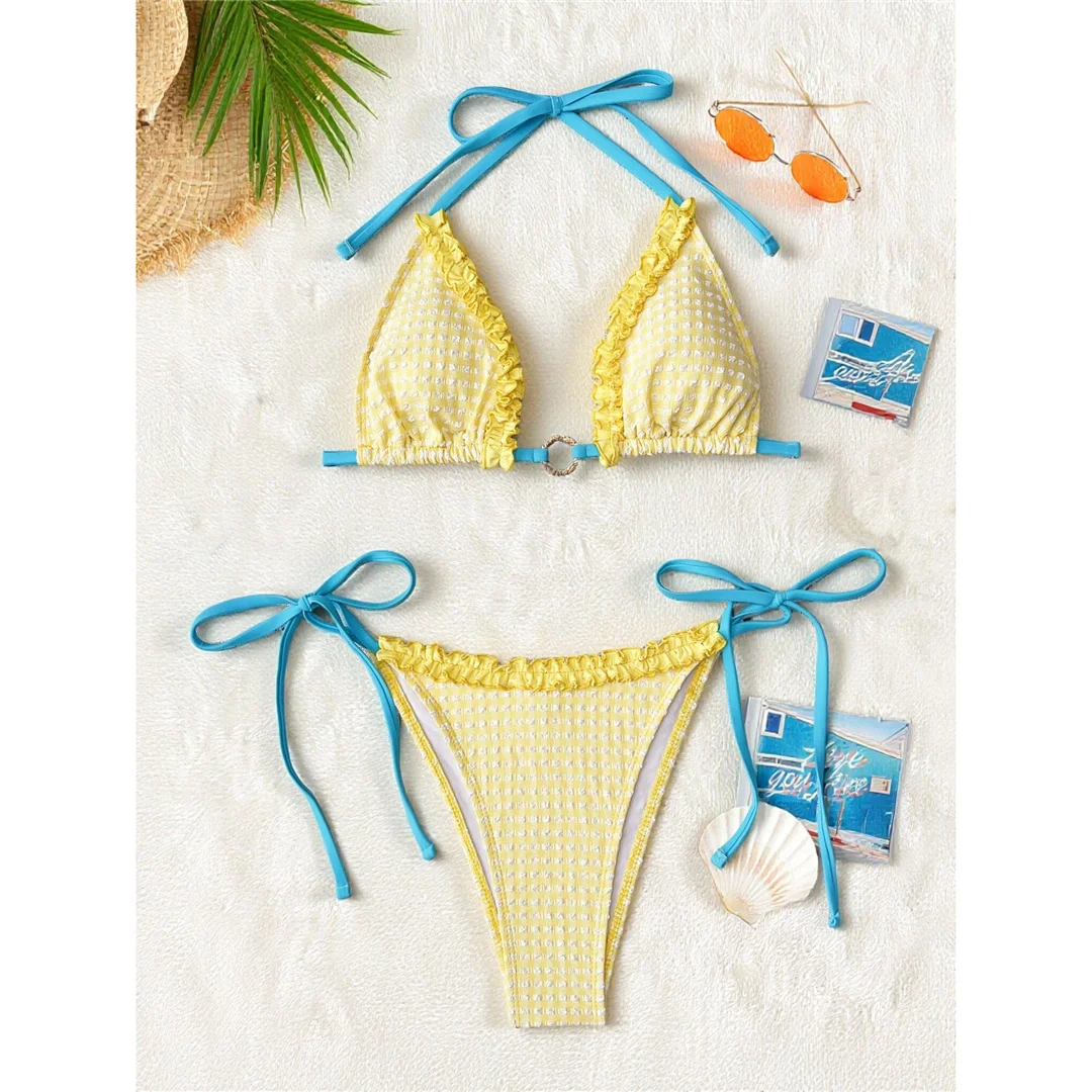 S - XL, kariertes, gerüschtes, zweiteiliges Bikini-Set mit Rüschen und Neckholder, Damen-Badebekleidung, zweiteiliger Bikini, Badeanzug, Badebekleidung, Modell V8528. – Detail 5