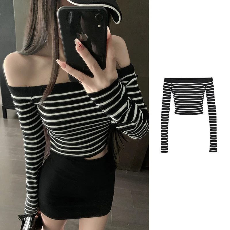 

MosesQueen Queen Bla White Stripes One oulder Knitted Sweater Thin New 2025 Belly Baring ort Top Women's Faion
