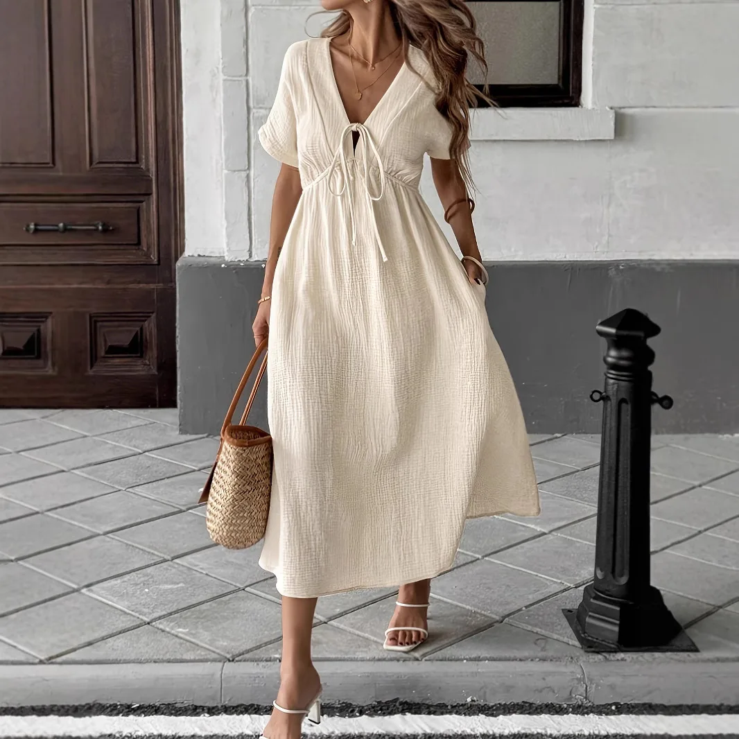 

2025 Spring and Summer Pure Color Elegant V Neck Lace-Up Short-Sleeved Dress Women's Casual Women's Clothing Champagne Color