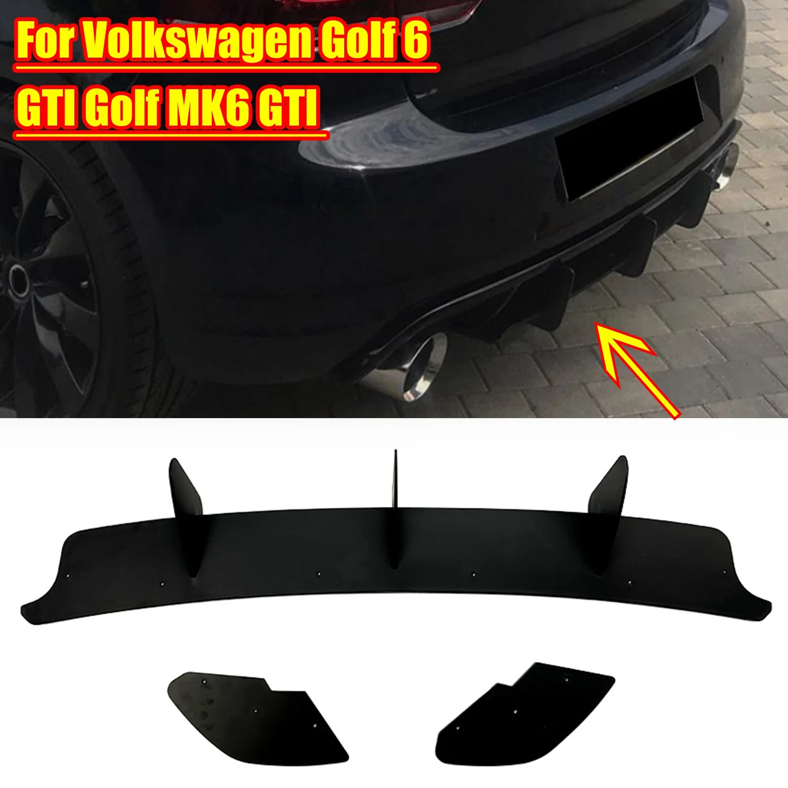 For VW Golf 6 MK6 GTI 2010-2014 Rear Bumper Lip Diffuser 3 Fin Valance Spoiler