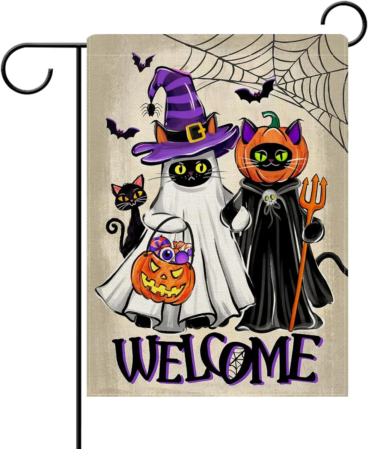 Dyrenson Welcome Halloween Black Cat Ghost Decorative Garden Flag, Spooky Pet Jack O Lantern Pumpkin Spider Bat Yard Outside Hom