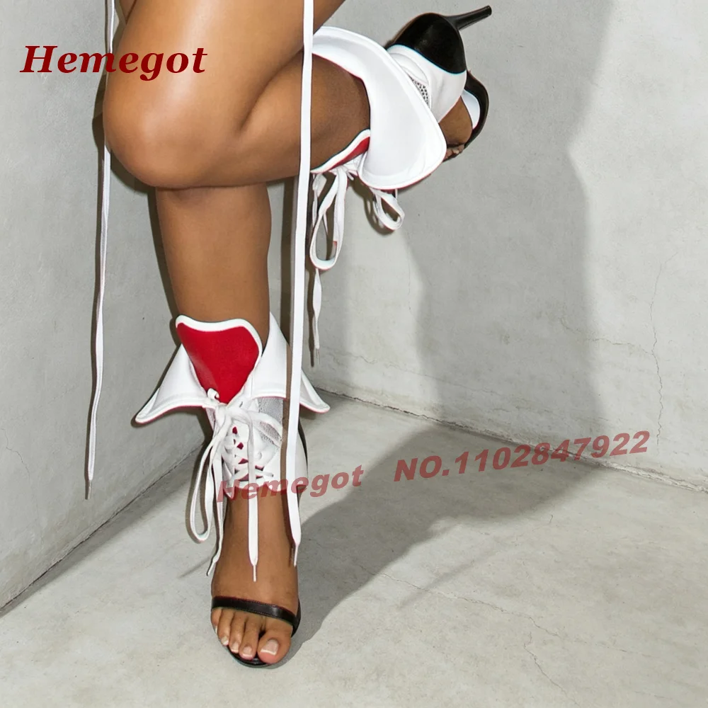 Color Block Air Mesh Splicing Sandals Open Toe One Strap Lace-Up Women's Sandals White Red Cross Tied Stiletto Heels Runway Shoe