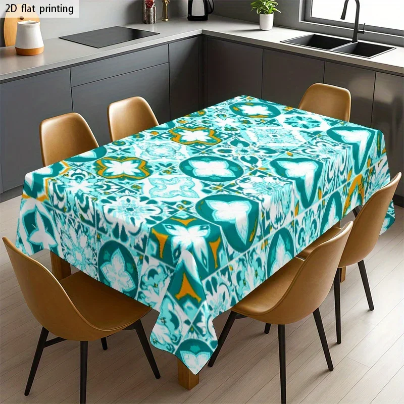 1pc Soft, Fashionable and Beautiful Blue-Green-Yellow Geometric Pattern Tablecloth, Machine Washable and Easy to Clean, YZB