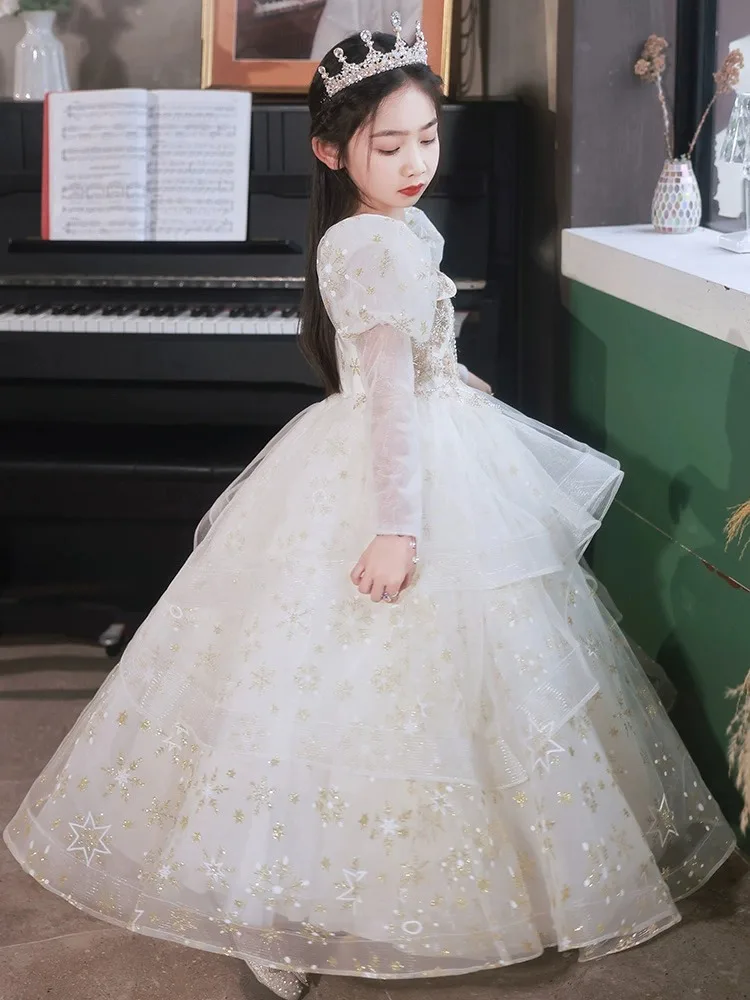 Princess Dress for Girls High-End Summer Long-Sleeve Children's Host Flower Girl Wedding Little Girl Piano Performance Dress