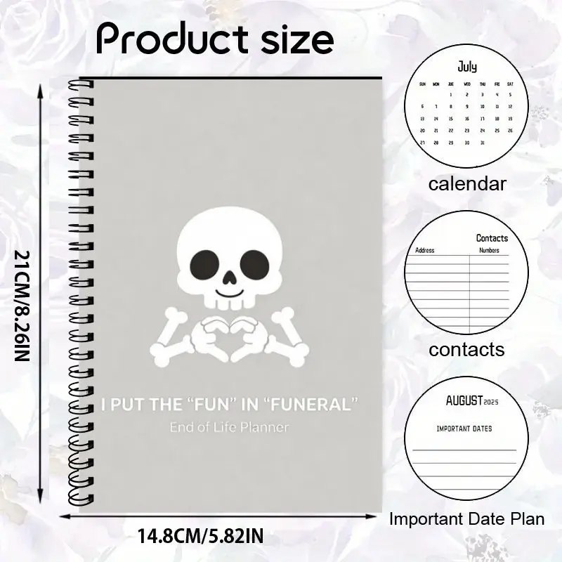 A5Spiral Notebook,End Of Life Planner Organizer Notebook with Cute Skull Design,Guided Final Arrangements When I'm Gone Workbook