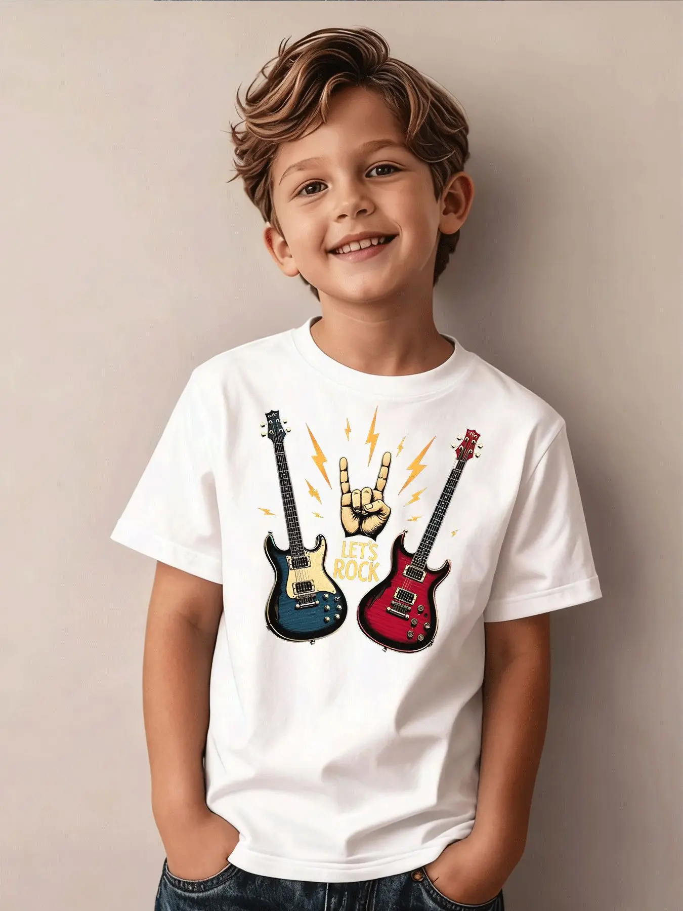 Summer Boys Girls T Shirt Kids Baby Youth Men Women Tee Oversize An Electric Guitar Rock Hand LET'S ROCK Designs Top Streetwear