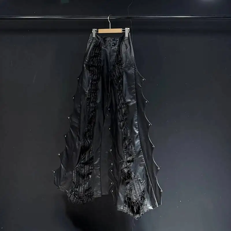 Men's Irregular Leather Pants Trendy Three-Dimensional Layered Design Rivet Decoration Trend Patchwork Trousers VD64