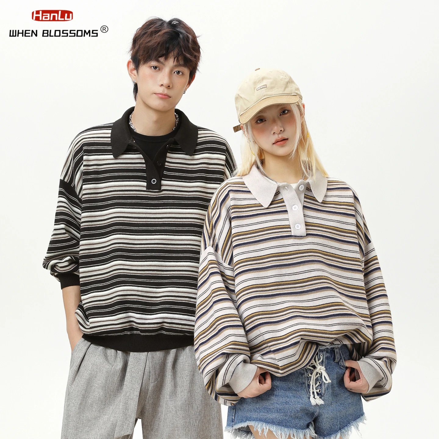 Hanlu 2025 Unisex Japanese Vintage Stripe Polo Sweater Fake Two Piece Couple Oversized Long Sleeve Knitwear