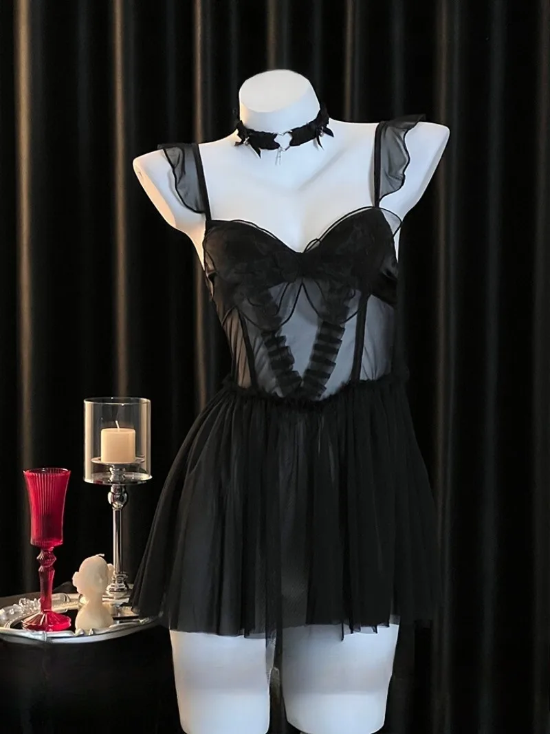 

French Romantic Lace Butterfly Strappy Nightgown,Women's Sexy See-Through Pajamas,Pure Desire Mesh Lingerie,Soft and Sensual