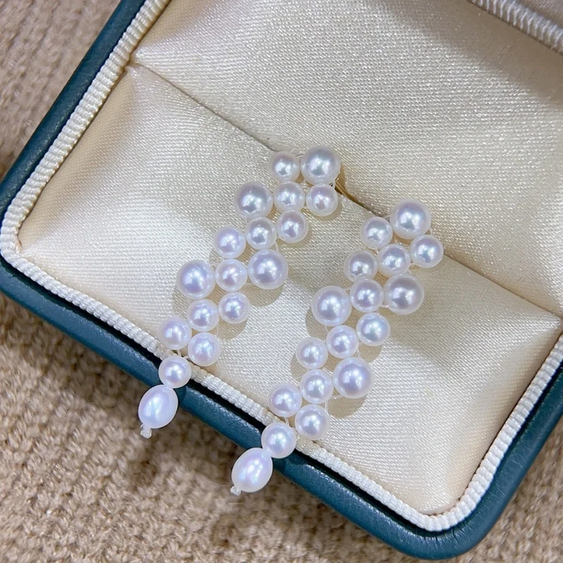 

SGARIT Genuine 18K Gold Stud Earrings Handwoven Long Pearl Drop Earrings Classic Trendy for Women Wedding Gifts Fine Jewelry