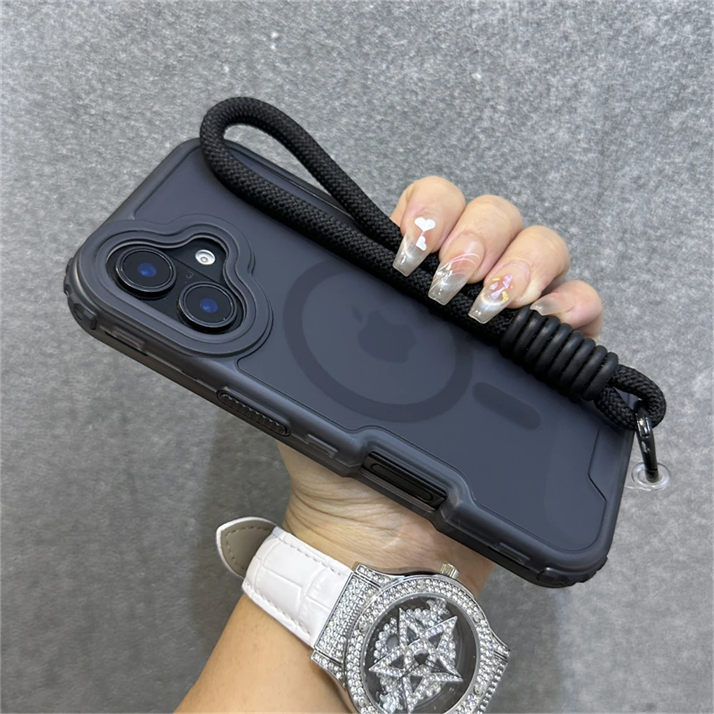 3in1 Armor Matte Translucent Magnetic For Magsafe Lanyard Wrist Strap Case For iPhone 15 11 12 13 14 16 Pro Max Plus Hard Cover