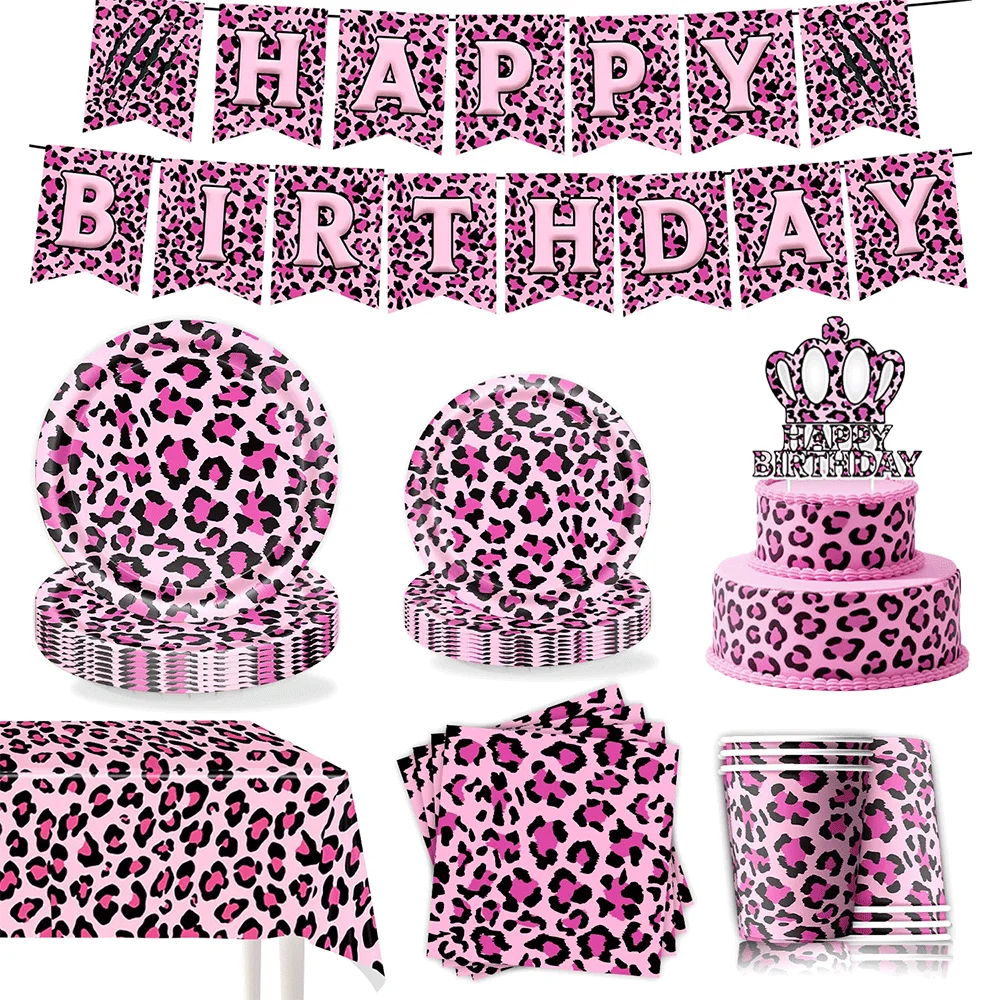 Rosa Leopardenmuster, Geburtstagsparty-Zubehör, Dekor-Set für Mädchen, Teller, Tassen, Servietten, Tischdecke, Luftballons, Banner- und Kuchendeckel-Set – Detail 2