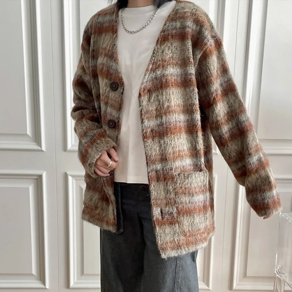 NIGO Men's Plaid Red Brown Fall Fashion Trend Plush Shirt Single Breasted V-Neck Jacket #NGTOP12125 - Image 5