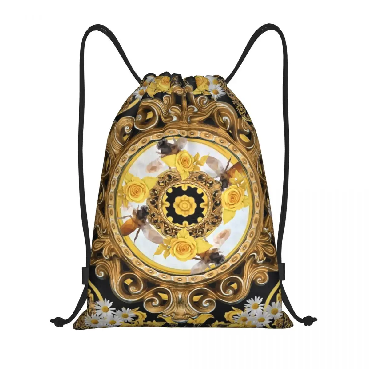 Custom Yellow Rose And Bees Vintage Kitsch Baroque Scarves Drawstring Bags Shopping Yoga Backpacks Men Women Sports Gym Sackpack