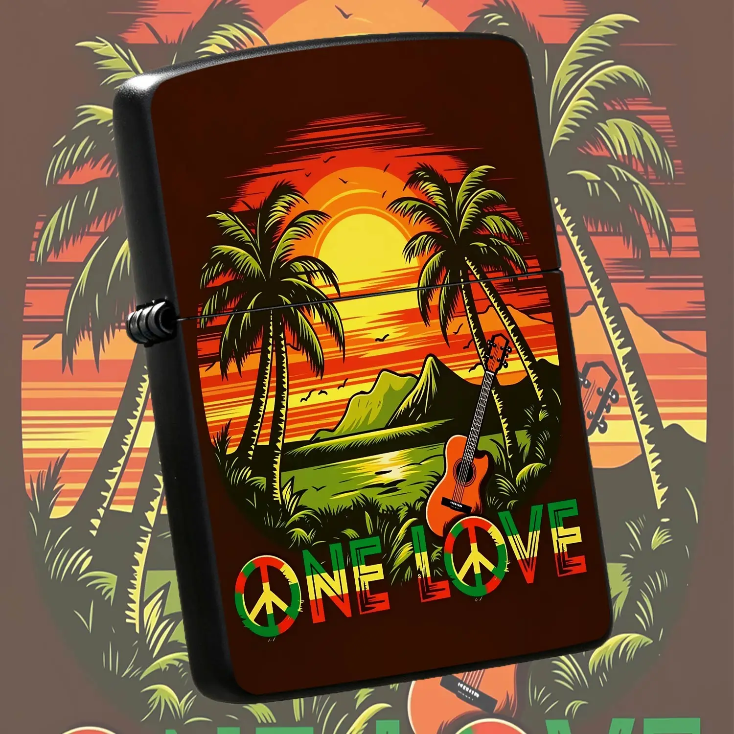 Retro One Love Themed Lighter, Reggae Tropical Sunset Palm Guitar Creative Decor, Portable Daily Practical Item, Unique Stylish Gift for Friends, Versatile Accessory for All Scenes to Boost Vibe A Humorous And Interesting Lighter