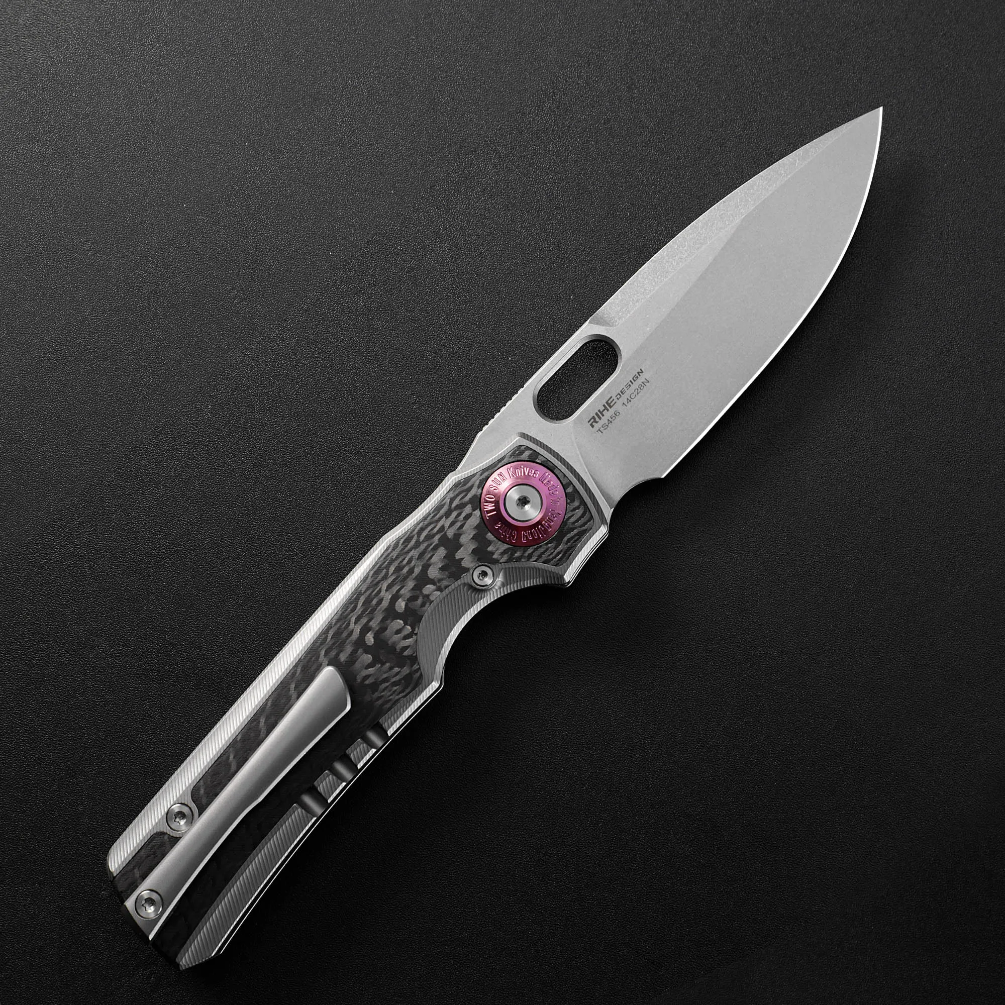 TWOSUN TS456 Folding Knife 14C28N Stonewashed Blade Titanium Carbon Fiber Handle Survival Outdoor Tools for Woodwork EDC