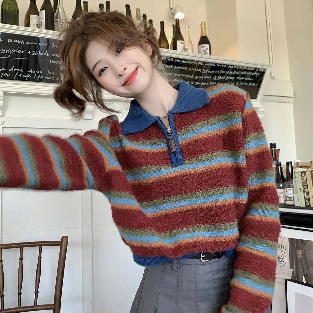 American Retro Striped Polo-neck Knitted Sweater Woman's Clothes Autumn Winter Trend Casual Fashion Slim All-match Solid Color