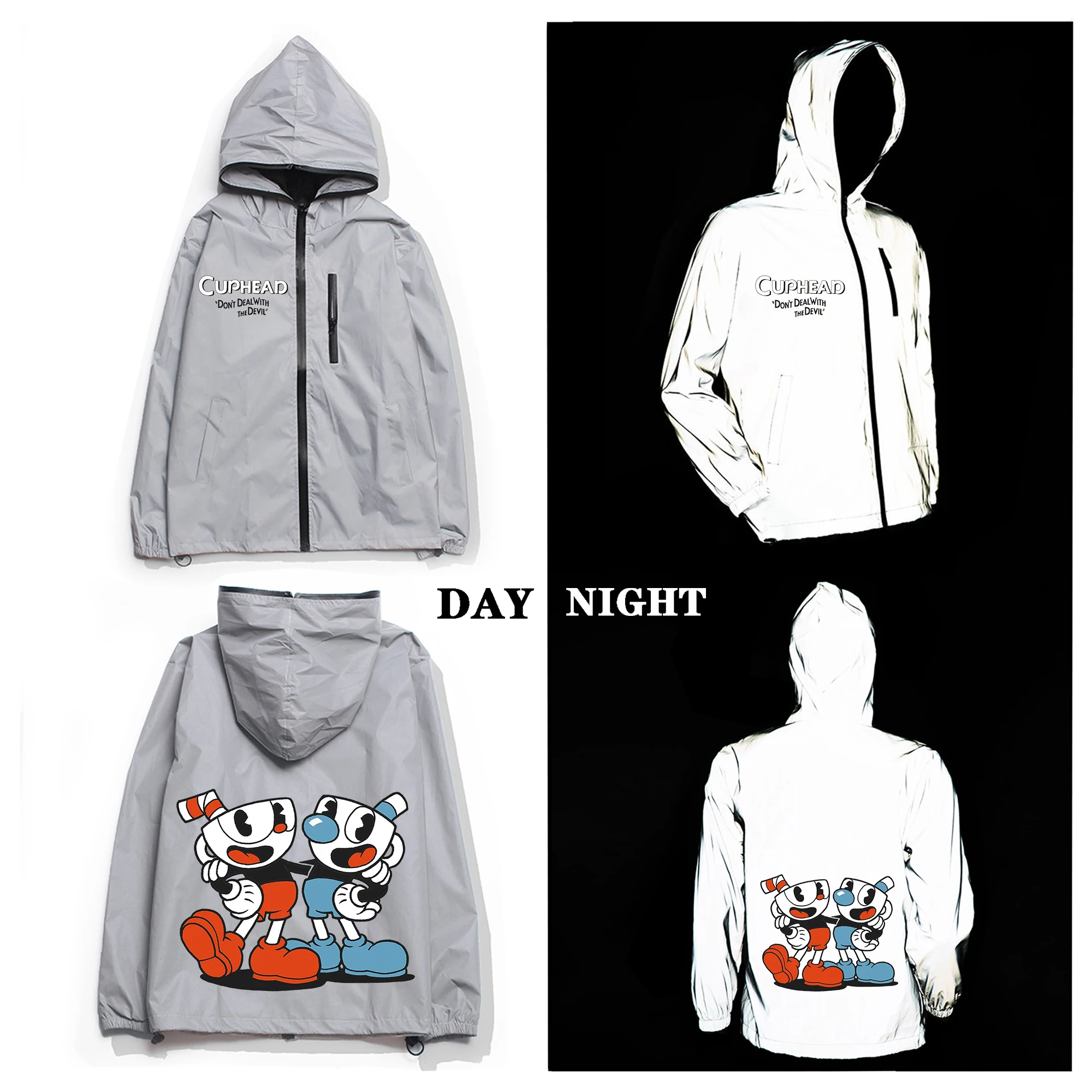 Cupheads Mugmans Reflective Jacket Mens Womens Coat Hooded Windbreaker Run Pocket Jackets Cycling Hiking Zipper Custom Hoodie