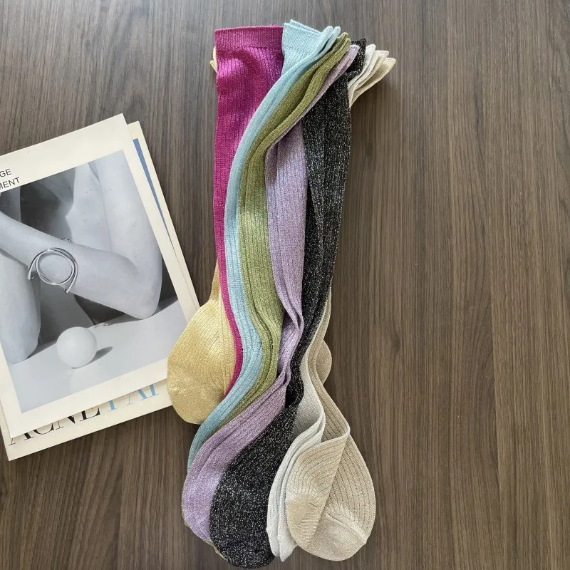 Summer Chic Fashion Designer Ultra-Thin Woman Socks Breathable Candy Color Golden Silk Stripe Middle High Tube Pile up socks