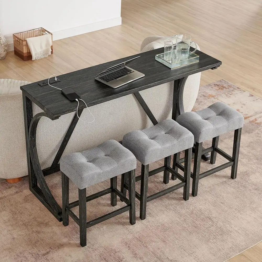 

59 Inch Dining Bar Table with Outlet, Sofa Side Table with 3 Stools, 4-Piece Bar Set, Black for Living/Dining Rooms