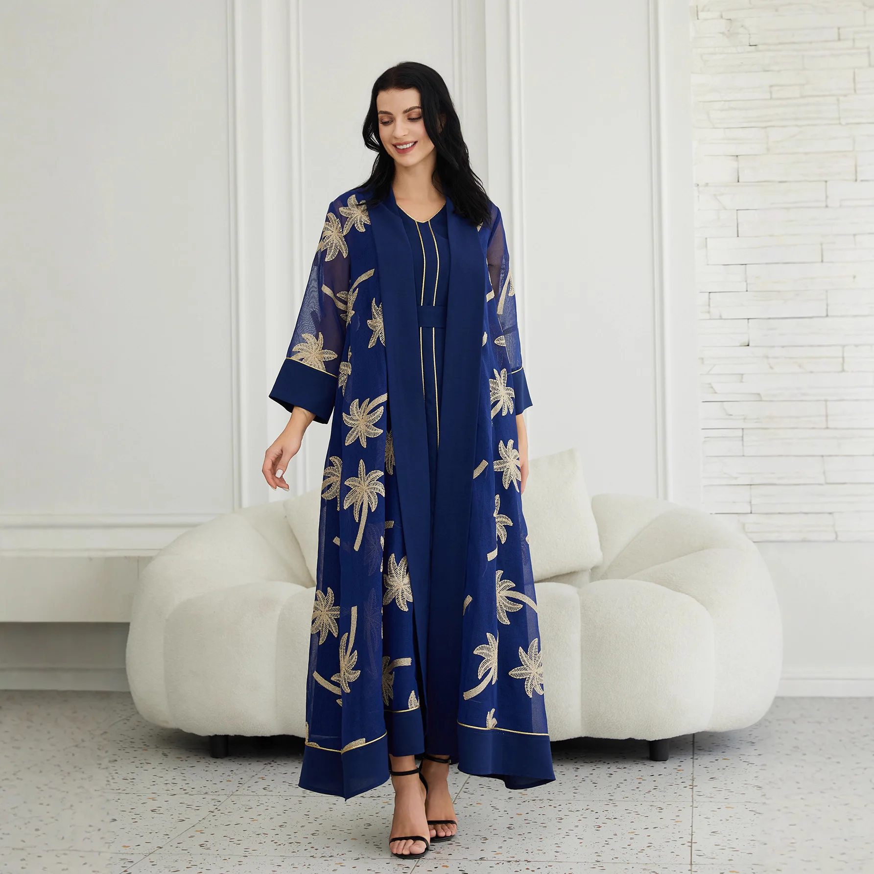 Muslim New Fashion Women's Dark Blue White Elegant Luxury Casual Trendy Loose Embroidered 2 Pieces Sets Abaya Cardigan Dresses