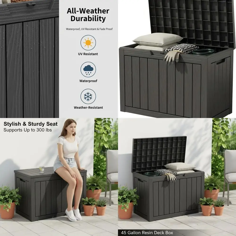 

Weatherproof 45 Gallon Storage Box for Outdoor & Indoor Use, Secure Patio, Deck, and Garage Organizer