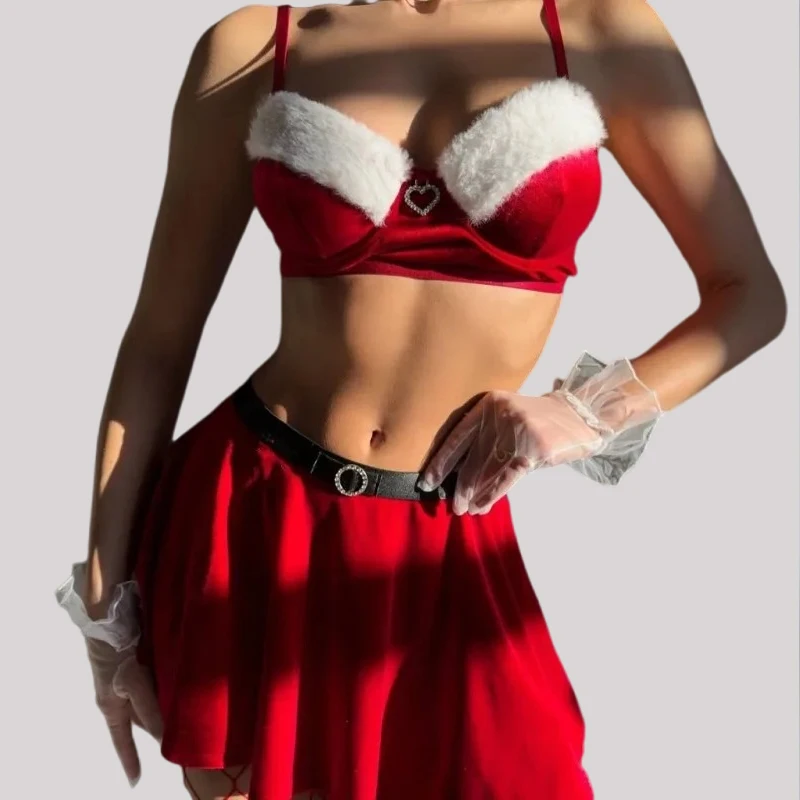 

Toucheart Christmas Lingerie with Bodycon Dress Sexy High Waisted Gather Together Women Seductive Elegant Underwear Split Kit