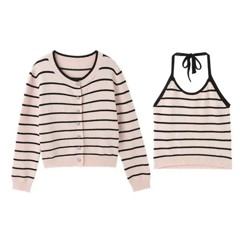 Korean Sweet Striped Knit Cardigan Halter Cami Two Piece Contrast Color Casual Top Set