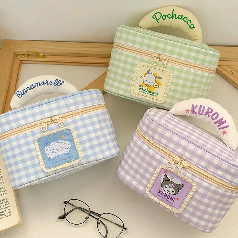 Sanrio Anime Makeup Case Cute Girlish Plaid Toiletry Storage Bag Large Capacity Cosmetic Bag Embroidery Handbag Casual Tote Gift