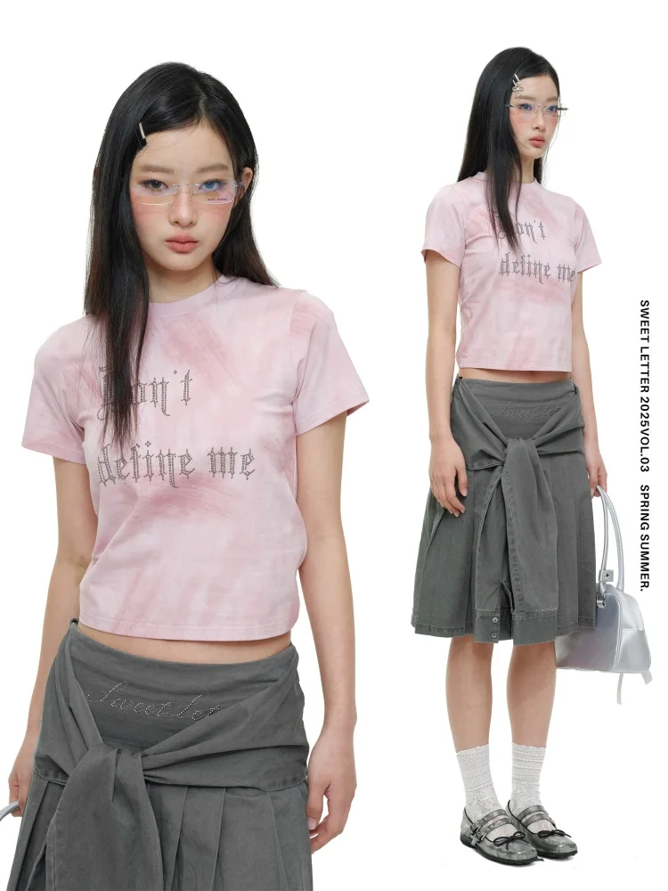 

Женский топ из хлопка с готическим дизайном «Sweet Letter», стразами Hotfix, черно-розовый, летняя мода