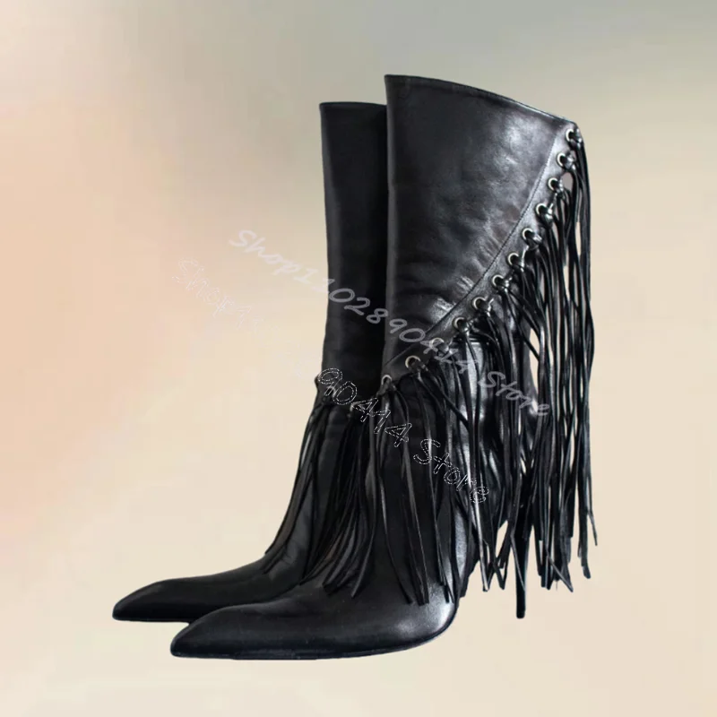 

Black Tassels Decor Pointed Toe Runway Boots Side Zipper Women Shoes Thin High Heels Sexy Party Banquet 2024 Zapatos Para Mujere