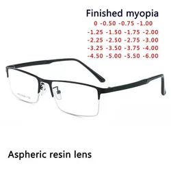 Semi-Rimless Business Thin Metal Eyeglasses Clear Lenses and Anti-UV Coating Men Square Myopia Prescription 0 -0.5 -0.75 To -6