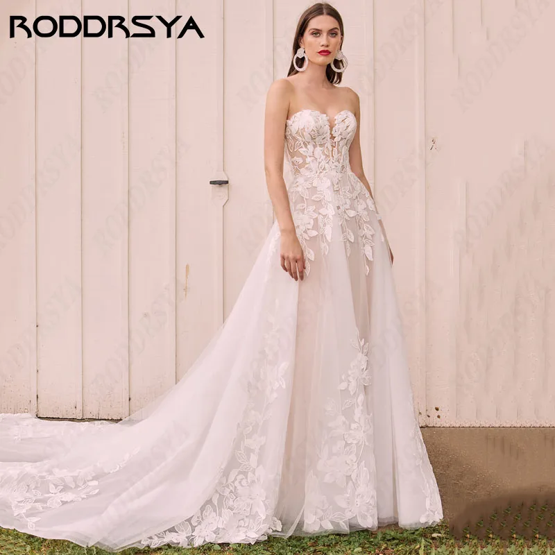 RODDRSYA-Robe de mariée trapèze en dentelle à manches courtes bouffantes, robes Boho, fête des patients, élégante, blanche, tulle, sexy, chérie, éducative Robe de mariée trapèze en dentelle à manches courtes bouffantes