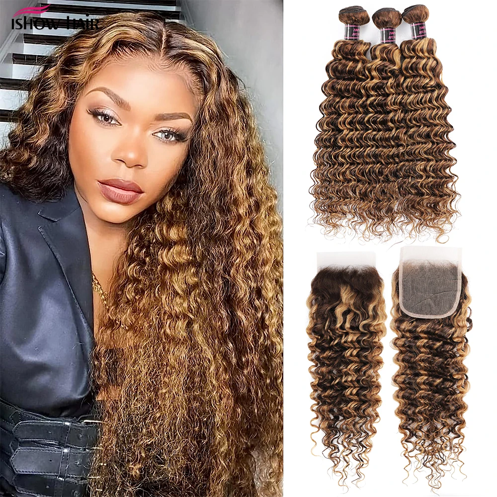 Ishow 4 27 Highlight Color Deep Wave Bundles With Closure Ombred Colored 4x4 Lace Closure With Bundles Human Hair Extensions
