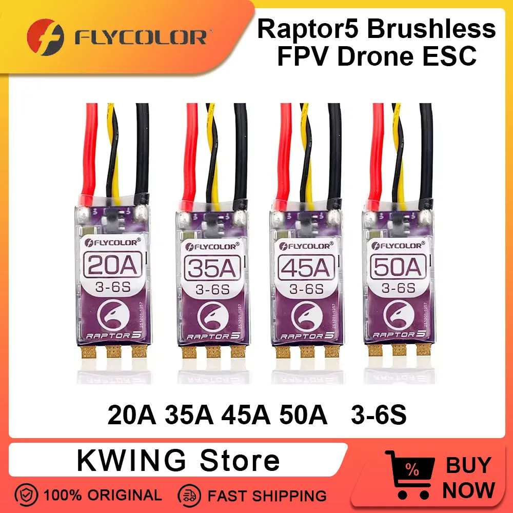 FLYCOLOR Raptor5 Brushless ESC 3-6S Drone ESC 32Bit G701 PWM 128K Single 20A 35A 45A 50A ECS Dshot Proshot for FPV Racing Drones