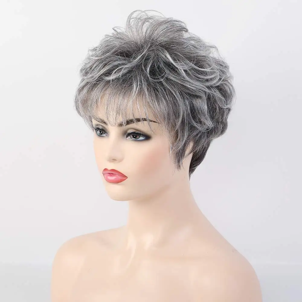 Wig for Women Synthetic Short Wig with Bangs Mixed Gray Hair High Temperature Fiber Heat Resistant Hair Daily Use Wigs