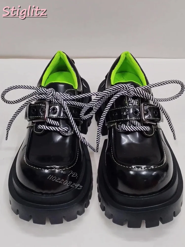 

Round Toe Platform Loafers Mixcolors Sweet Cool Style Lace-up Square Heels Black Shallow Cross-tied Shoes 2025 Spring New Women