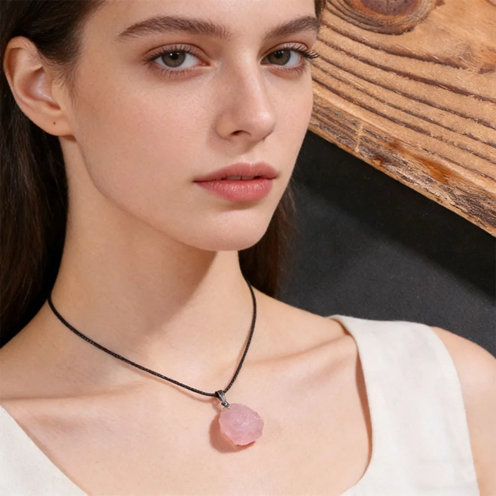 

Raw Natural Stone Pendants Necklaces, Healing Crystal Rough Stone Black Leather Cord Jewelry for Women Men