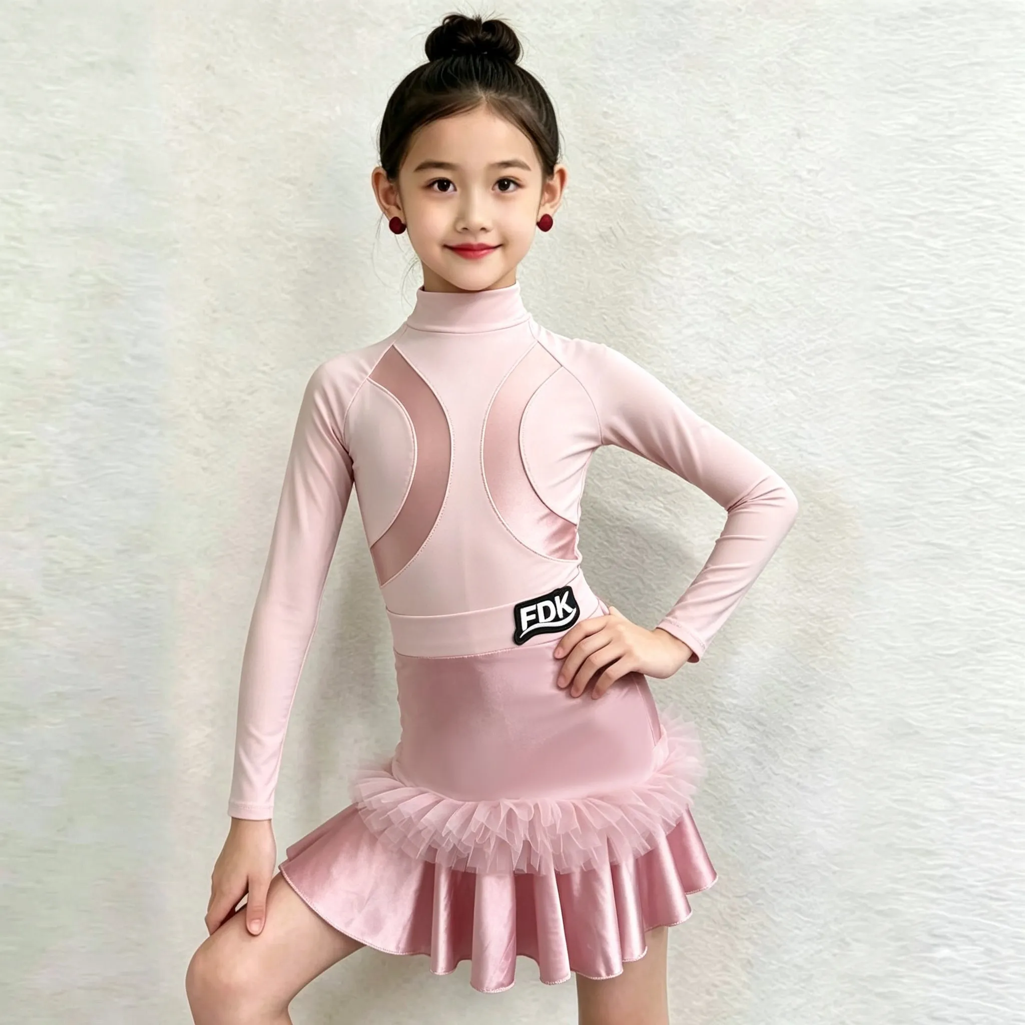Kids Girls Latin Dance Clothes Long Sleeves Pink Blue Dress Split Suit Winter Chacha Rumba Dance Performance Costume DNV27915